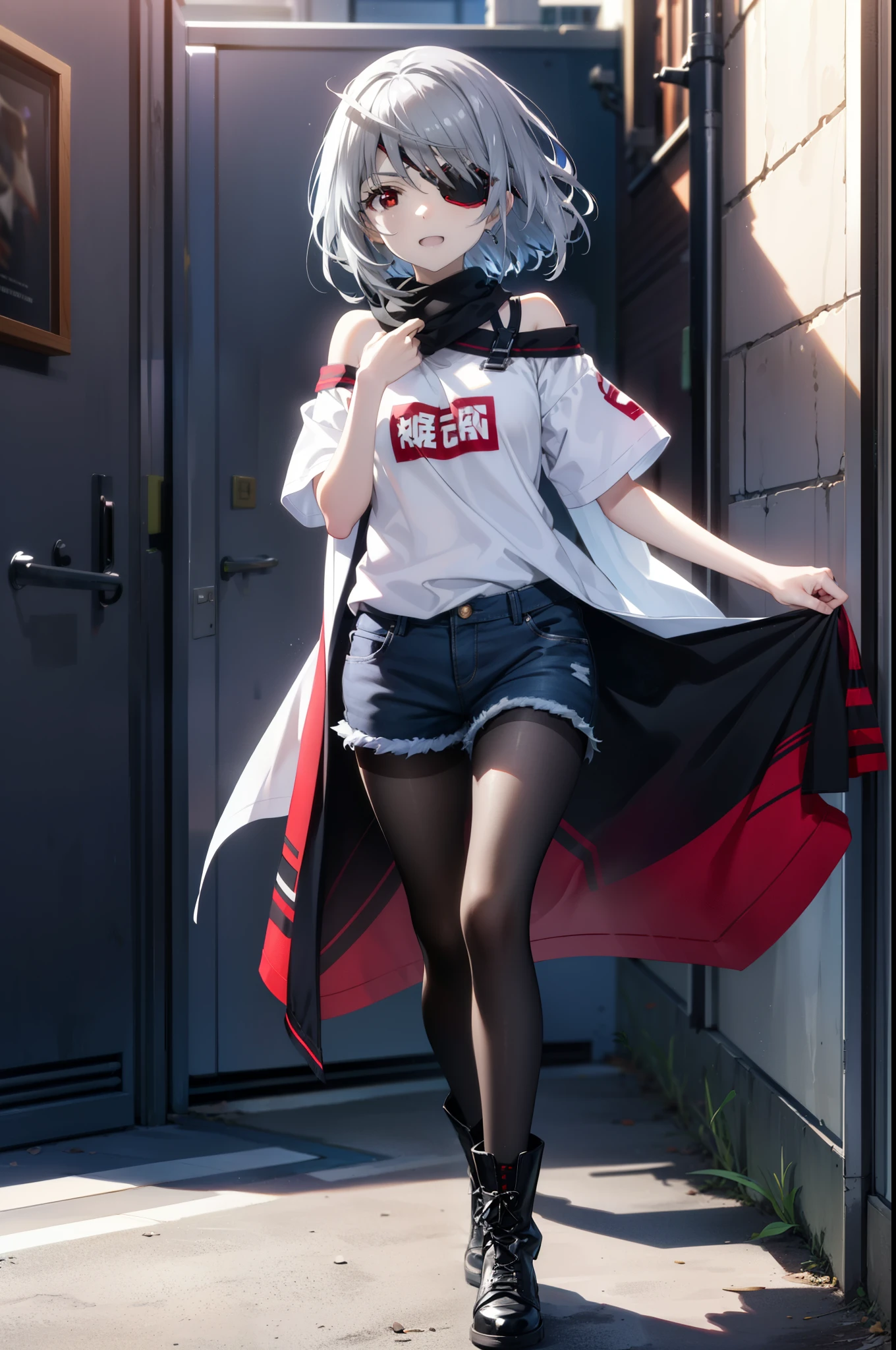 Laurabodewig, Laura Bodewig, Long Hair, (Red eyes:1.3), Grey Hair, Eye patch,smile,tooth,Open your mouth,Oversized one-shoulder shirt,Short sleeve,Shorts,Black pantyhose short boots,Walking,Daytime,Clear skies,whole bodyがイラストに入るように,
break outdoors, Building district,
break looking at viewer, whole body,
break (masterpiece:1.2), Highest quality, High resolution, unity 8k wallpaper, (figure:0.8), (Beautiful attention to detail:1.6), Highly detailed face, Perfect lighting, Highly detailed CG, (Perfect hands, Perfect Anatomy),