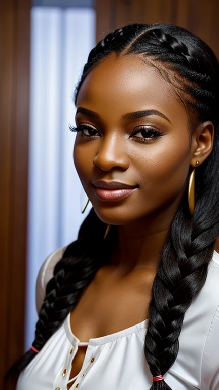 A beautiful beautiful black woman, beautiful silhouette, cute + gentle lips+ braided) are in a company . very realistic Ivorian communications manager