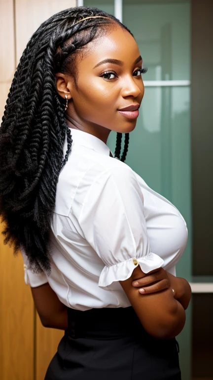 A beautiful beautiful black woman, beautiful silhouette, cute + gentle lips+ braided) are in a company . very realistic Ivorian communications manager