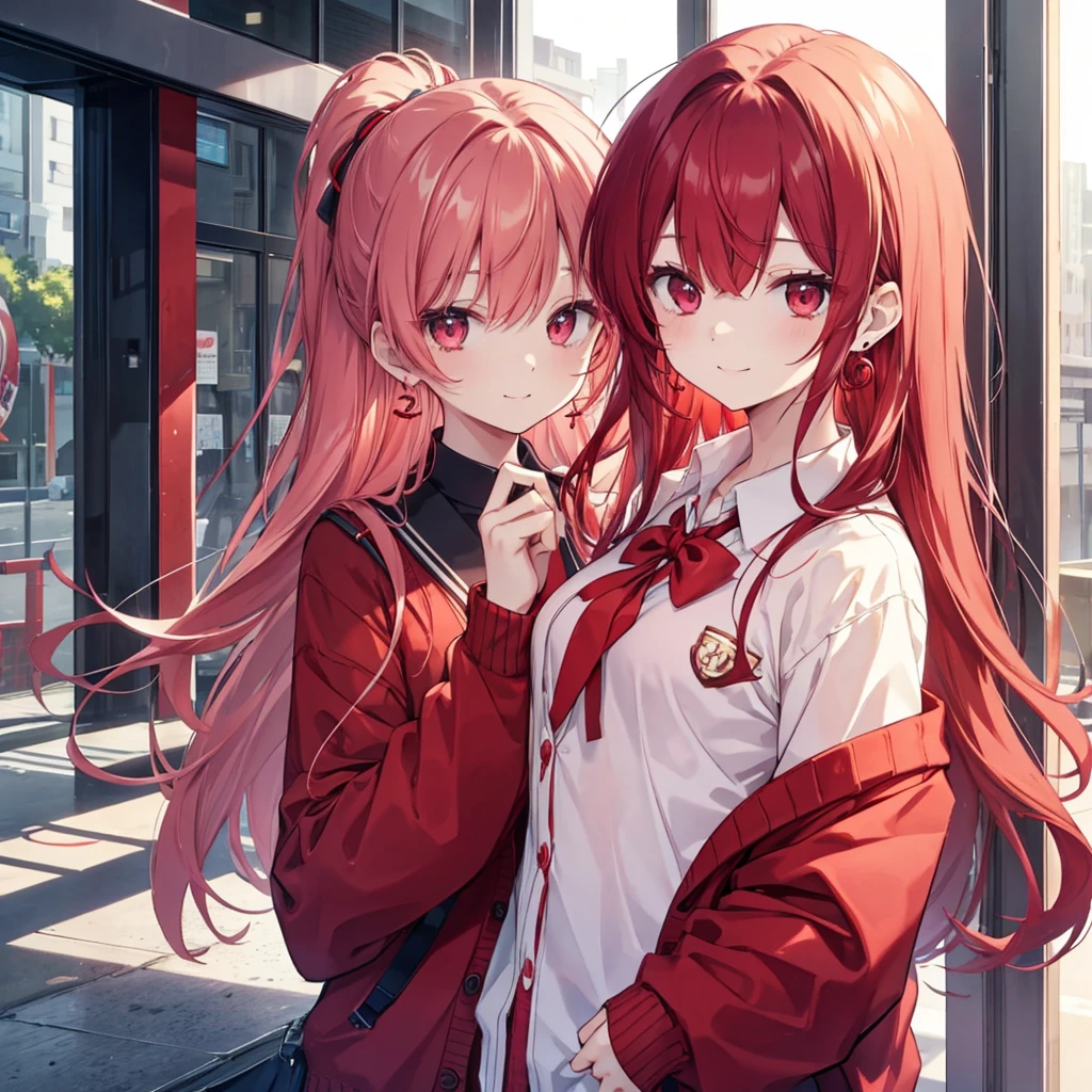 red hair red eyes、 girl、small breasts、long hair、smile、gal girl、wearing cute earrings、uniform、knit cardigan、With highlights around the eyes、cute hairpin、I can see the whole body、School