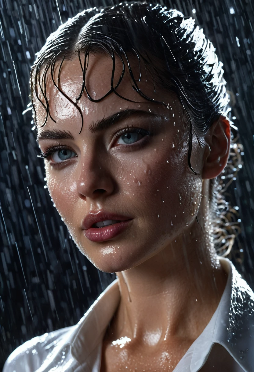 catwoman, a woman in a wet white shirt, rain, catwoman, detailed face, beautiful eyes, beautiful lips, beautiful skin, highly detailed, photorealistic, 8k, hyper detailed, masterpiece, cinematic lighting, dramatic shadows, powerful pose, dynamic action, heroic, epic, cinematic