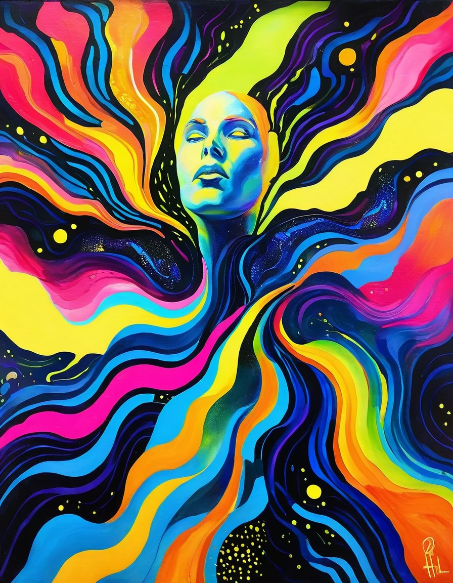 In a mesmerizing oil painting, a mysterious figure emerges from a haze of swirling colors. Their retro attire shines with metallic accents, while vibrant neon lights illuminate their expressionless face. The composition exudes nostalgia and intrigue, leaving viewers longing for a forgotten era. the gardens of sound made out of ral-hlgrphic,( hyperrealistic art breathtaking a lineart (vibrant alcohol ink sketch). [magnificent faetastic , , intriguing weirdness, color schemes extravaganza, mystery of darkness, unusual natural aesthetics, glossy].
