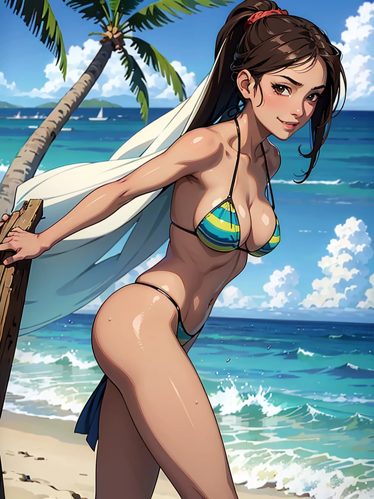 ((highest quality, masterpiece, High resolution)), ((reality)),Photos of beautiful Japanese women,((anime art))、 (((1 girl))), normal size breasts, slim body shape, long ponytail,double eyelid, Wet see-through micro bikini, A pareo with bold ethnic patterns and plenty of primary colors、(Brown skin:1.4),realistic skin、Wet,whole body,cinematic light、tropical、Against the background of palm trees on both sides、on a sunny beach、With the sea in the background、blur background、smile