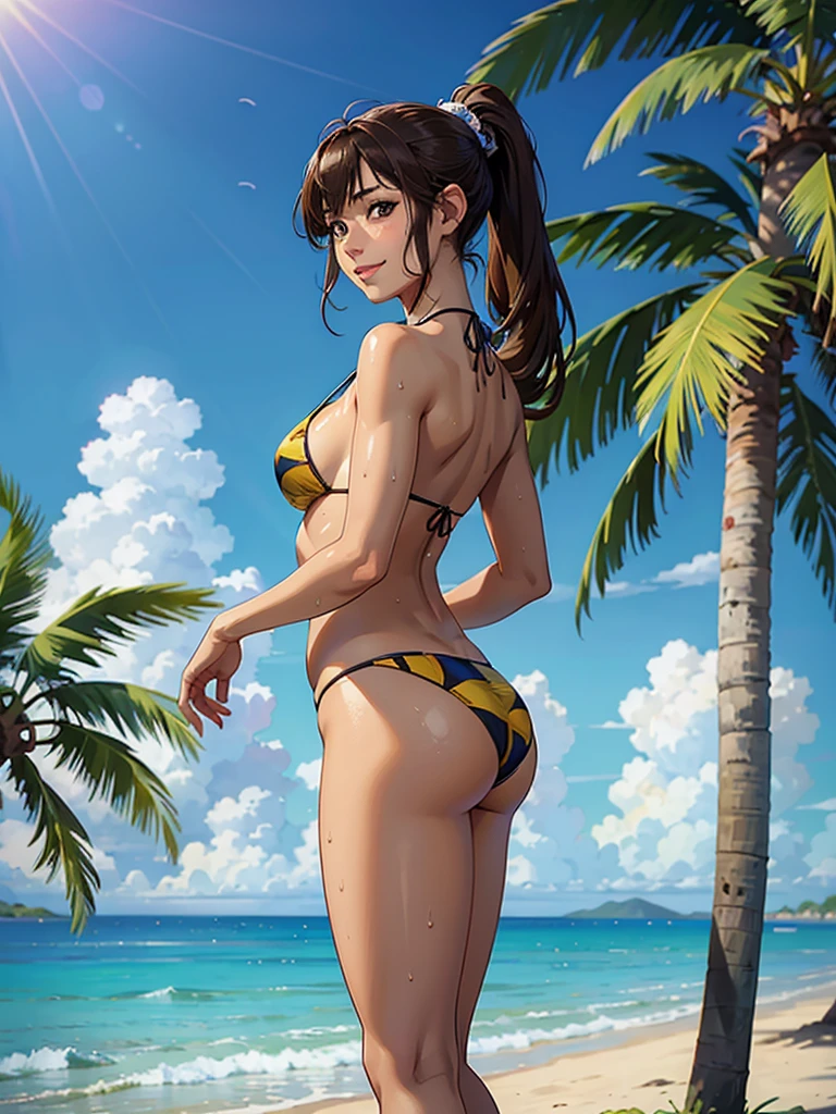 ((highest quality, masterpiece, High resolution)), ((reality)),Photos of beautiful Japanese women,((anime art))、 (((1 girl))), normal size breasts, slim body shape, long ponytail,double eyelid, Wet see-through micro bikini,  A pareo with bold ethnic patterns and plenty of primary colors、(Brown skin:1.4),realistic skin、Wet,whole body,cinematic light、tropical、Against the background of palm trees on both sides、on a sunny beach、With the sea in the background、blur background、smile