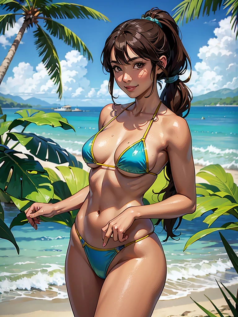 ((highest quality, masterpiece, High resolution)), ((reality)),Photos of beautiful Japanese women,((anime art))、 (((1 girl))), normal size breasts, slim body shape, long ponytail,double eyelid, Wet see-through micro bikini, A pareo with bold ethnic patterns and plenty of primary colors、(Brown skin:1.4),realistic skin、Wet,whole body,cinematic light、tropical、Against the background of palm trees on both sides、on a sunny beach、With the sea in the background、blur background、smile