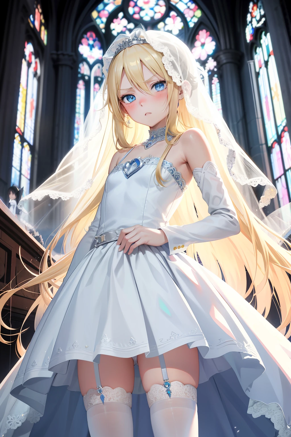 Anime style , young girl, 12 years2girls, very long blonde hair frinje, blue eyes , disgusted face, blush , veil bride ,bride white dress , flat chest, lifting her skirt showing pantie, garterbelt , long socks. Church , sexy pantie