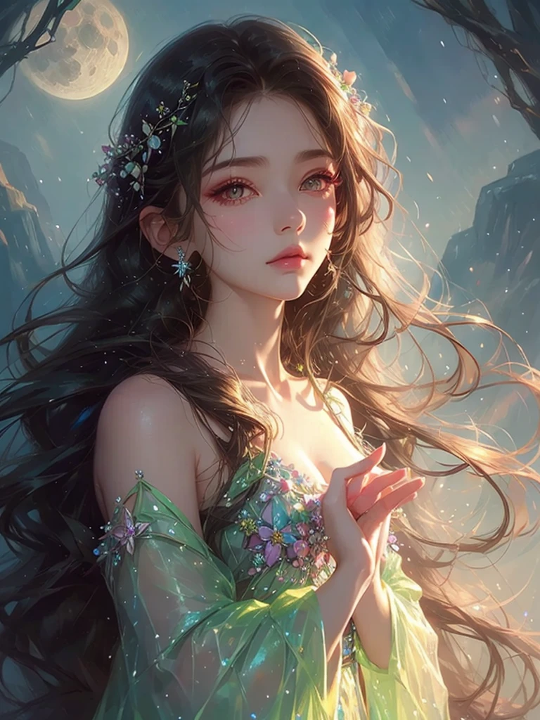 High quality, high resolution, one beautiful girl, pink and blue long hair, fantasy flower field, holding crystals in both hands, moonlit night, black dress, fantasy art, Korean glitter eye makeup, very delicate makeup, sparkling flowing hair