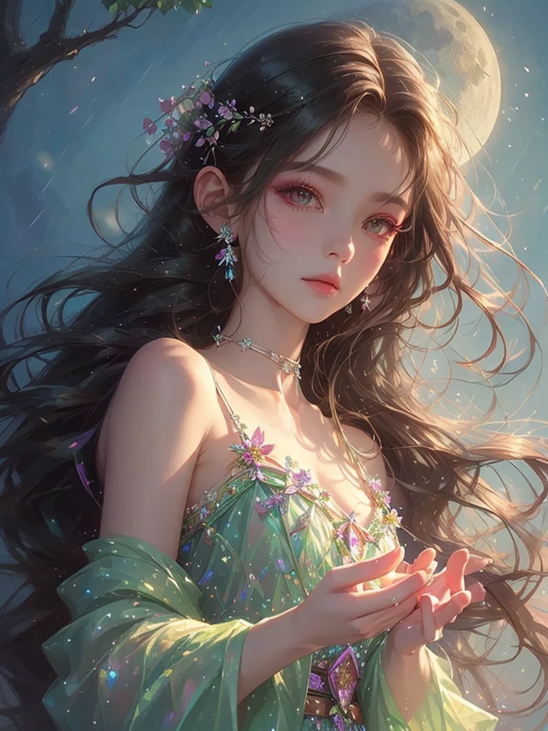 High quality, high resolution, one beautiful girl, pink and blue long hair, fantasy flower field, holding crystals in both hands, moonlit night, black dress, fantasy art, Korean glitter eye makeup, very delicate makeup, sparkling flowing hair