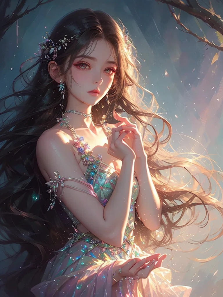 High quality, high resolution, one beautiful girl, pink and blue long hair, fantasy flower field, holding crystals in both hands, moonlit night, black dress, fantasy art, Korean glitter eye makeup, very delicate makeup, sparkling flowing hair