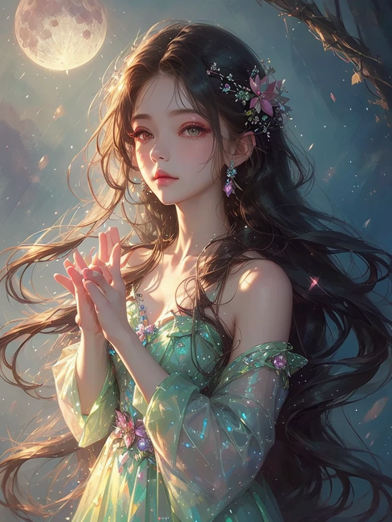 High quality, high resolution, one beautiful girl, pink and blue long hair, fantasy flower field, holding crystals in both hands, moonlit night, black dress, fantasy art, Korean glitter eye makeup, very delicate makeup, sparkling flowing hair