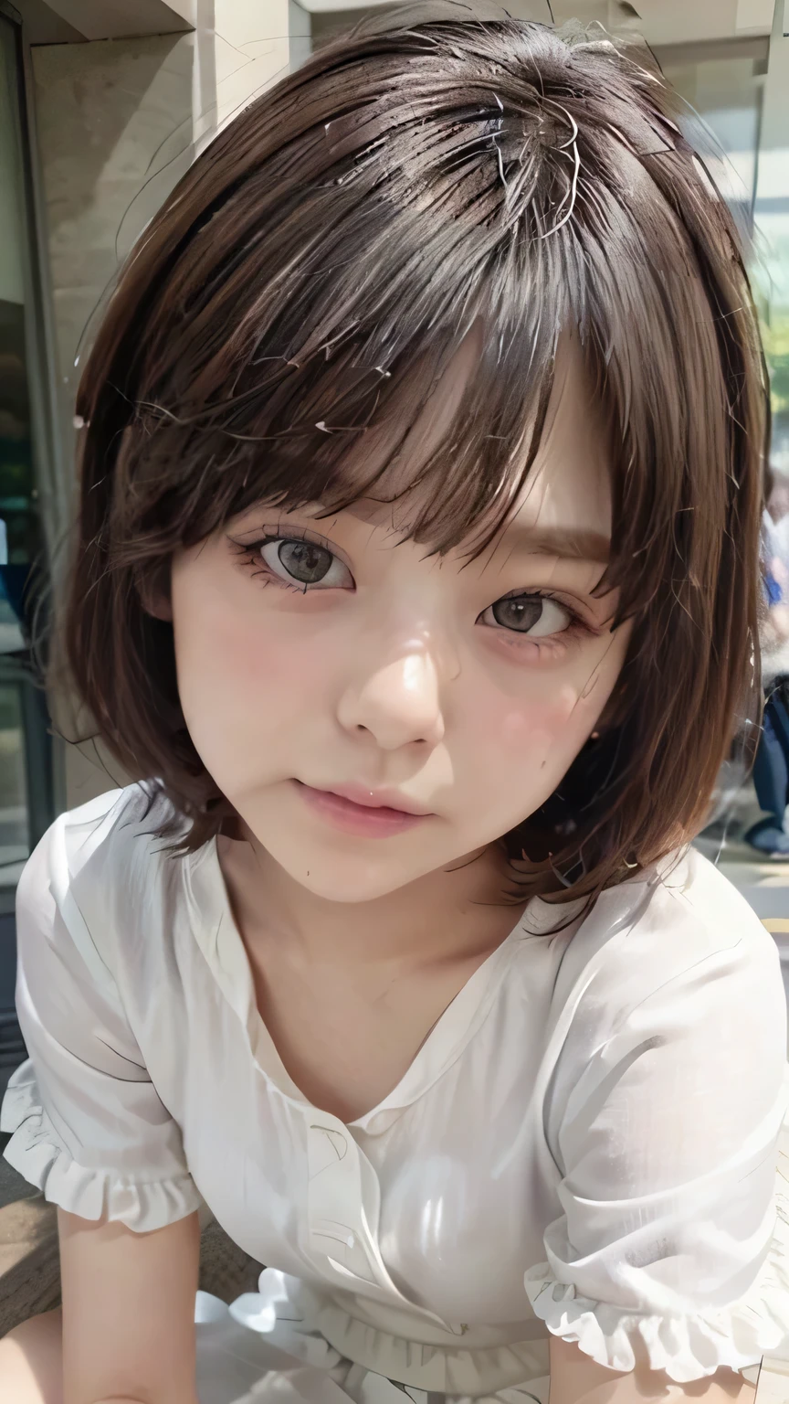 (Realistic、Like a photograph、Live Action、8k, Realistic, RAW Photos, Best image quality: 1.4), Single-lens reflex camera、RAW Photos, Highest quality, Realistic, Highly detailed CG Unity 8k wallpaper, Written boundary depth, Cinematic Light, Lens flare, Ray Tracing, Realistic background、A landmine girl on all fours staring at me、((Wearing a white blouse:1.4)、((Wear a frilly skirt:1.1)、Large Breasts))、((ultra high density skin))、 1 female,cute Japanese、The whole body is visible:1.5、(Silver Hair:1.2、short hair:1.2、My hair flutters in the wind)、stylish ambiance、Very detailed and perfect costume、(White skin)、Precise and beautiful legs:1.1、View from the front、Super detailed face