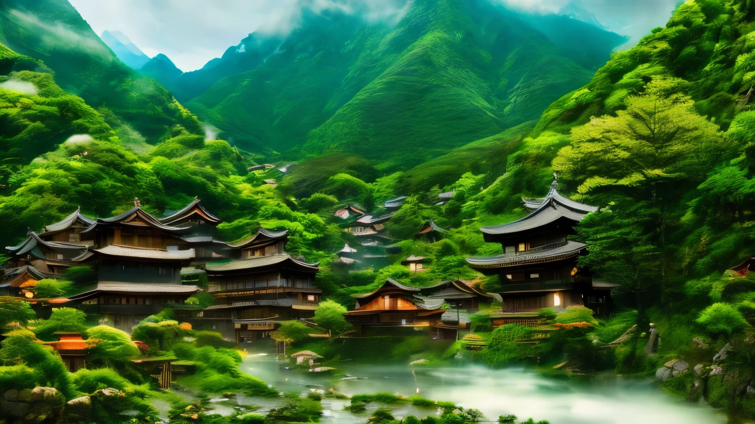 a medieval japanese village nestled among towering mountains, intricate architectural details, lush vegetation, cinematic lighting, highly detailed, 8k, photorealistic, masterpiece, dramatic atmosphere, sweeping landscape, vibrant colors, natural lighting, volumetric fog, intricate textures, dynamic composition, realistic people, sense of scale, awe-inspiring scenery