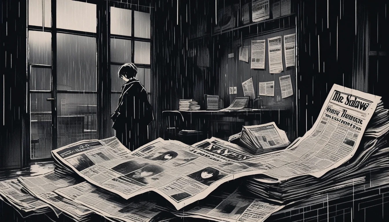 (Highest quality, sketch:1.2),Realistic,Illustrator,anime,custom, (Background dark monochrome),Texture Cropping, masterpiece, Style: Retro Classic, Dark Black, art, sketch book, Dark Shadows ,Newspaper articles、Scattered newspapers、Rain-soaked newspaper