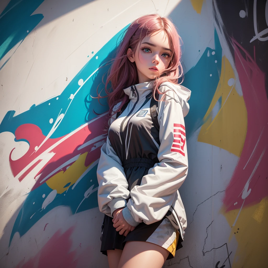 (best qualityer), work of art, extremely detailed 8K CG uniform illustration, high color, extremely high color saturation, all the colors deepened, paint, graffiti art, central composition, extremely detailed light and shadow, parede de graffiti, wall painted bright, 1 girl writing graffiti 1 girl looking at the wall, extremly detailed face and eyes, Medium length hair, Sportswear, colorful clouds