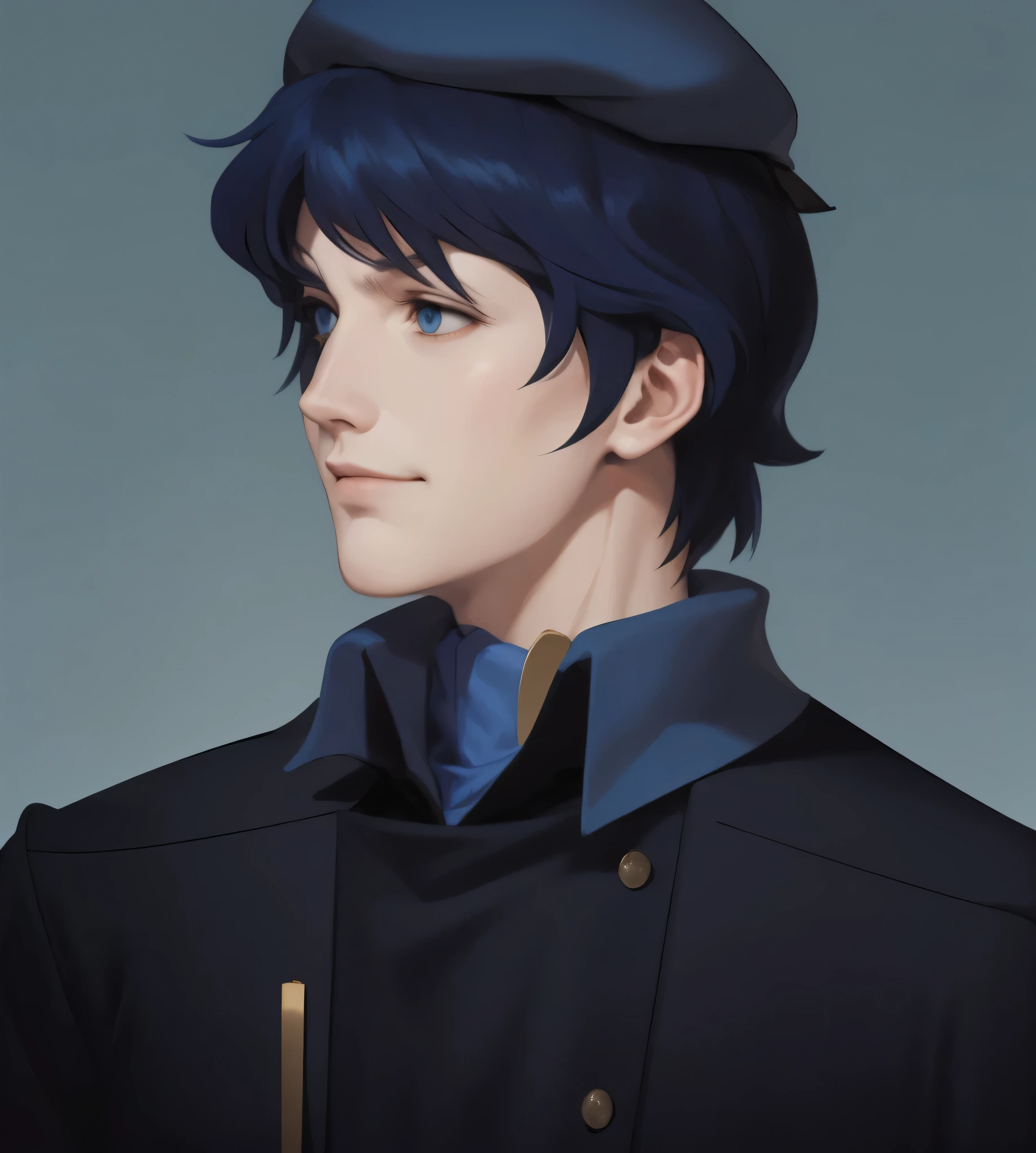 illustration of a man, blue clothes, an illustration inspired by Kanō Hōgai, tumblr, romanticism, yang wen-li, portrait, dark-blue hair, the sandman from graphic novel, deep focus, wearing navy-blue beret, dark blue jacket, fastened with buttons down the front, with a high collar and structured fit. The jacket features shoulder insignias and two breast pockets with button flaps. Underneath the jacket, he wears a light-colored scarf that adds elegance, golden buttons