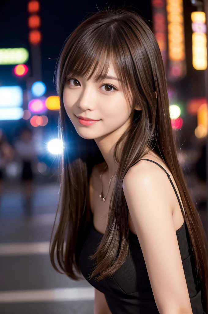 masterpiece、1 beautiful girl、Detailed eyes、Puffy eyes、Highest quality, 超High resolution, (reality: 1.4), Cinema Lighting、Japanese、Asian Beauty、so beautiful、Beautiful Skin、thin、Body facing forward、(超reality的な)、(High resolution)、(8k)、(Very detailed)、(beautiful Detailed eyess)、(Very detailedな)、 (wall-)、Detailed face、Bright lighting、Professional Lighting、Looking at the audience、Look straight ahead、Black sleeveless dress、Long Hair,  Asymmetrical bangs, 、Night view、Brown Hair、Japanese Idols、Korean Idol、Fiery idol pose、、23 years old、expensive, smile, Nagasaki City、congestion、Running towards me with all my might