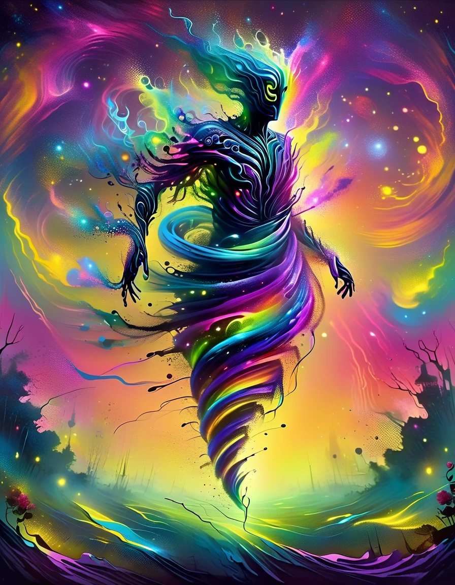 In a mesmerizing oil painting, a mysterious figure emerges from a haze of swirling colors. Their retro attire shines with metallic accents, while vibrant neon lights illuminate their expressionless face. The composition exudes nostalgia and intrigue, leaving viewers longing for a forgotten era. the gardens of sound made out of ral-hlgrphic,( hyperrealistic art breathtaking a lineart (vibrant alcohol ink sketch). [magnificent faetastic , , intriguing weirdness, color schemes extravaganza, mystery of darkness, unusual natural aesthetics, glossy].
