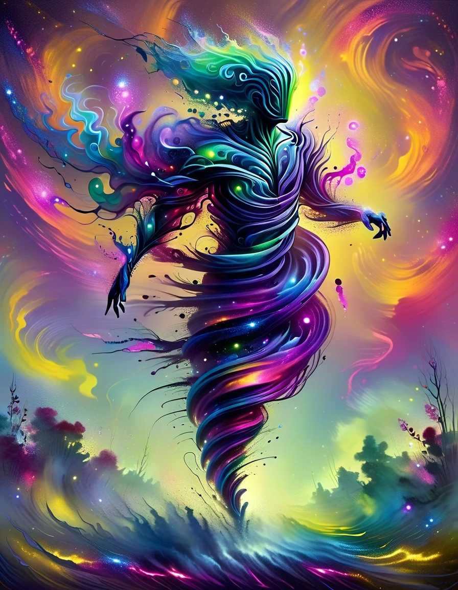 In a mesmerizing oil painting, a mysterious figure emerges from a haze of swirling colors. Their retro attire shines with metallic accents, while vibrant neon lights illuminate their expressionless face. The composition exudes nostalgia and intrigue, leaving viewers longing for a forgotten era. the gardens of sound made out of ral-hlgrphic,( hyperrealistic art breathtaking a lineart (vibrant alcohol ink sketch). [magnificent faetastic , , intriguing weirdness, color schemes extravaganza, mystery of darkness, unusual natural aesthetics, glossy].
