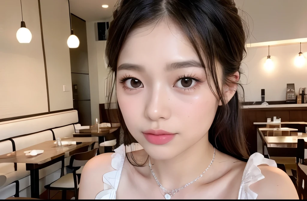 Kim Jennie with black hair, with curlers at the ends, Brown eyes, beautiful eyes, crying eyes, beautiful, splash your nose, watery nose, beautiful lips, pink lips, heart and cupid shaped lip, beautiful skin, pale white skin, with moles and freckles all over his face, soft pink blush on cheeks, soft pink makeup, Nice neck, marked collar, tender look, with a kiss necklace, while wearing a white dress, white dress with rose print, beautiful vestido, with summer shorts, while wearing a dress with summer shorts, as long as you have a slim and beautiful abdomen, sexy (big breasts, soft breasts, beautifuls pechos), while in a restaurant eating noodles, autophoto, looking to the camera