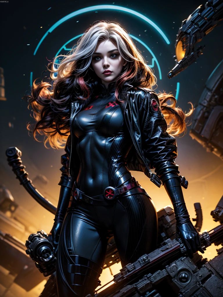 Kat Denningasterpiece、High quality 4K、villain (X-Men)、Gothic Girl、Sculpted Body Gothic Makeup、Black jacket、Red and blue bodysuit、masterpiece、Highest quality、Cowboy Shots、One personの女の子、One person、Technology Military Bodysuit、fringe
