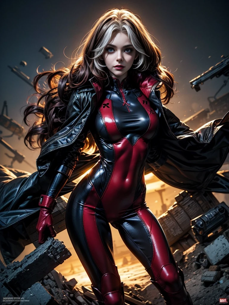 Kat Denningasterpiece、High quality 4K、villain (X-Men)、Gothic Girl、Sculpted Body Gothic Makeup、Black jacket、Red and blue bodysuit、masterpiece、Highest quality、Cowboy Shots、One personの女の子、One person、Technology Military Bodysuit、fringe