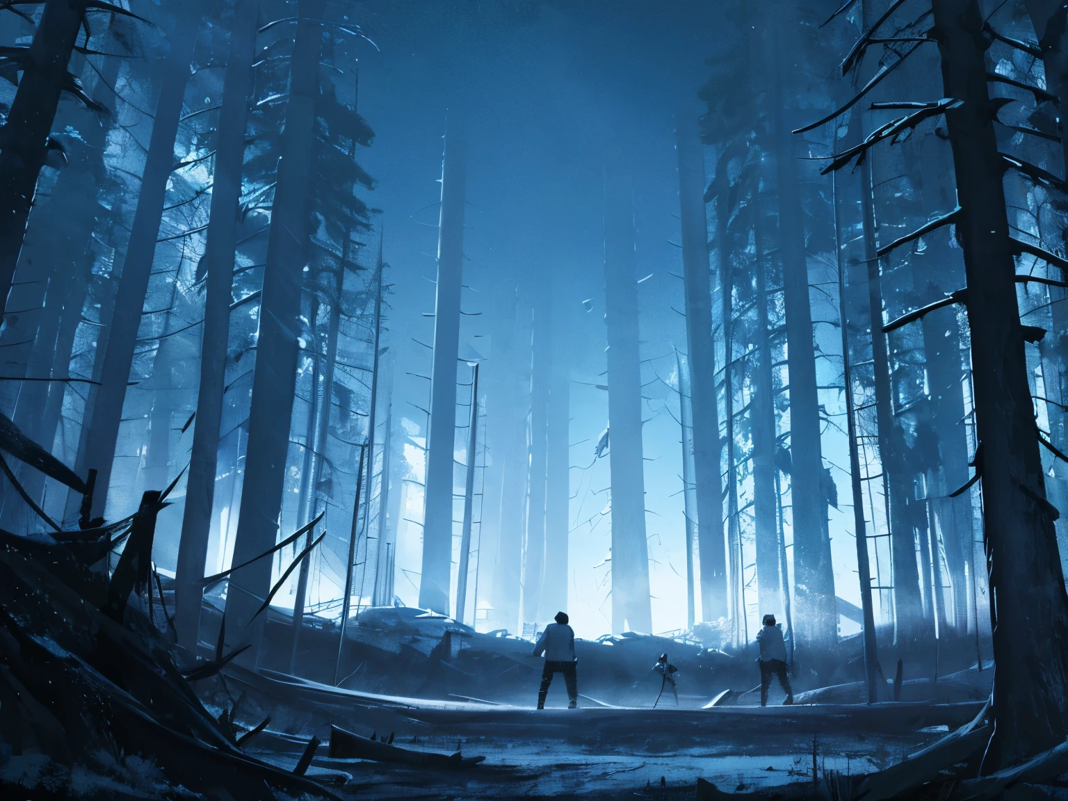 gloomy atmosphere ((dark))) clearing in the middle of a black forest a group of shirtless muscular 14 year old boys wearing tattered white clothes fighting with swords on a dirt training ground, blue sky, gloomy atmosphere, (dark)