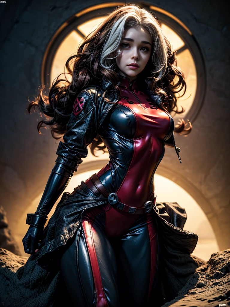 Emilia Clarke、masterpiece、High quality 4K、villain (X-Men)、Gothic Girl、Sculpted Body Gothic Makeup、Black jacket、Red and blue bodysuit、masterpiece、Highest quality、Cowboy Shots、One personの女の子、One person、Technology Military Bodysuit、fringe