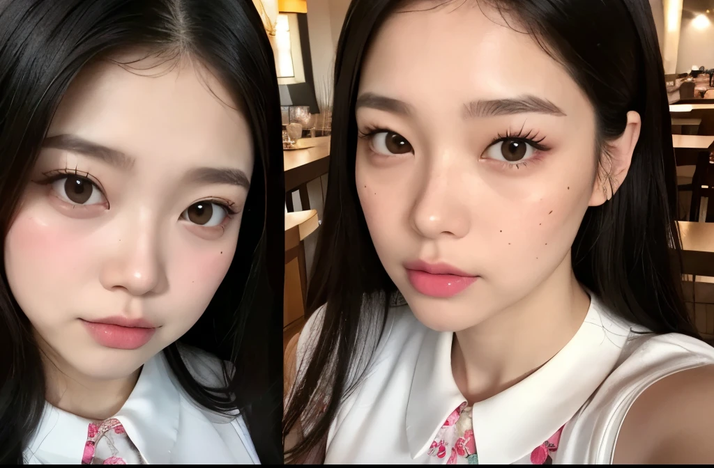 Kim Jennie with black hair, with curlers at the ends, Brown eyes, beautiful eyes, crying eyes, beautiful, splash your nose, watery nose, beautiful lips, pink lips, heart and cupid shaped lip, beautiful skin, pale white skin, with moles and freckles all over his face, soft pink blush on cheeks, soft pink makeup, Nice neck, marked collar, tender look, with a kiss necklace, while wearing a white dress, white dress with rose print, beautiful vestido, with summer shorts, while wearing a dress with summer shorts, as long as you have a slim and beautiful abdomen, sexy (big breasts, soft breasts, beautifuls pechos), while in a restaurant eating noodles, autophoto, looking to the camera