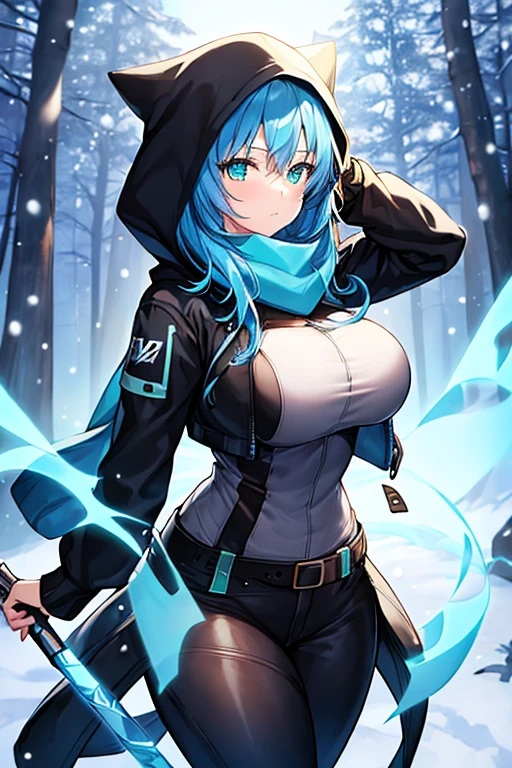 1girl, blue hair, medium hair, large breasts, breasts, green eyes, scarf, covered mouth, jacket, forest, snow, black jacket, hoddie, hooded jacket, hood on, hood up, zipper, gloves, glowing hair, glowing eyes, light blue hair, sky blue hair, night sky, sky, stars, pants, tall, hourglass figure, mature female, thick thighs, pants, belt, long pants, bikini