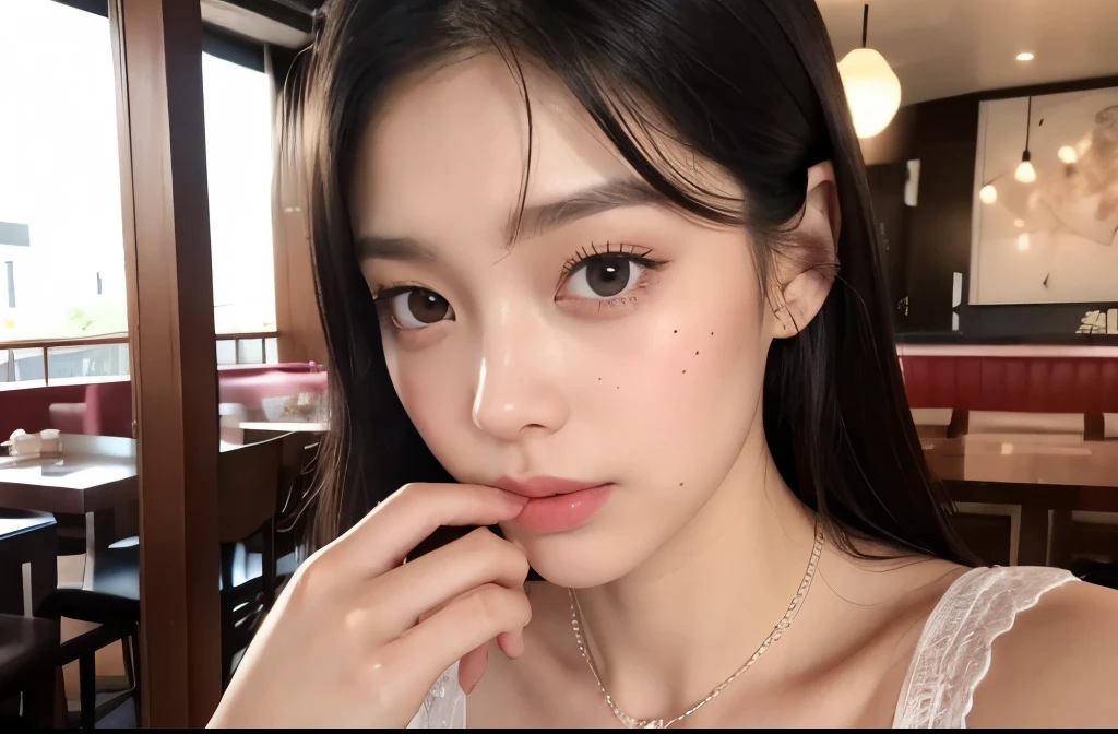 Kim Jennie with black hair, with curlers at the ends, Brown eyes, beautiful eyes, crying eyes, beautiful, splash your nose, watery nose, beautiful lips, pink lips, heart and cupid shaped lip, beautiful skin, pale white skin, with moles and freckles all over his face, soft pink blush on cheeks, soft pink makeup, Nice neck, marked collar, tender look, with a kiss necklace, while wearing a white dress, white dress with rose print, beautiful vestido, with summer shorts, while wearing a dress with summer shorts, as long as you have a slim and beautiful abdomen, sexy (big breasts, soft breasts, beautifuls pechos), while in a restaurant eating noodles, autophoto, looking to the camera