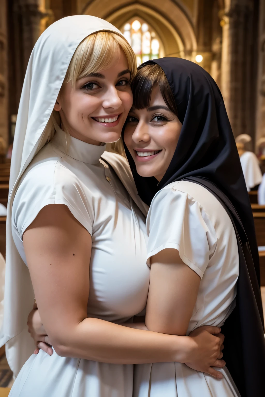 Two mature beautiful italian women、Blonde Hair、With bangs、Smiling with teeth showing、Huge saggy breasts、Plump body、Monastic uniform、Nuns、They are hugging each other、In the church