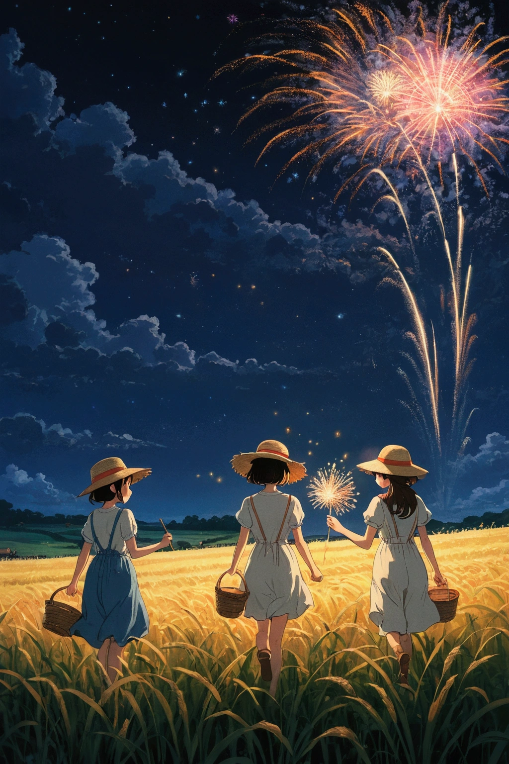 in the farm meadow、Ghibli style、night、field、firework、Two girls、Girl in a straw hat