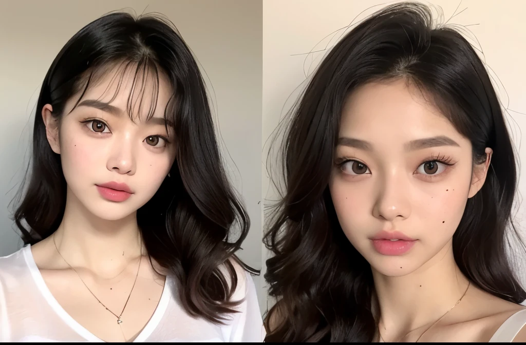 Kim Jennie with black hair, with curls, Brown eyes, beautiful eyes, he, pretty lips, pink lips, heart and cupid shaped lips, nice skin, pale white skin, with moles and freckles all over his face, soft pink blush on cheeks, douyin makeup, popular korean makeup, with a necklace, while wearing a white shirt, with summer shorts, thin abdomen, (big breasts, deep neckline), VHS style photo, photo vintage, autophoto, looking to the camera