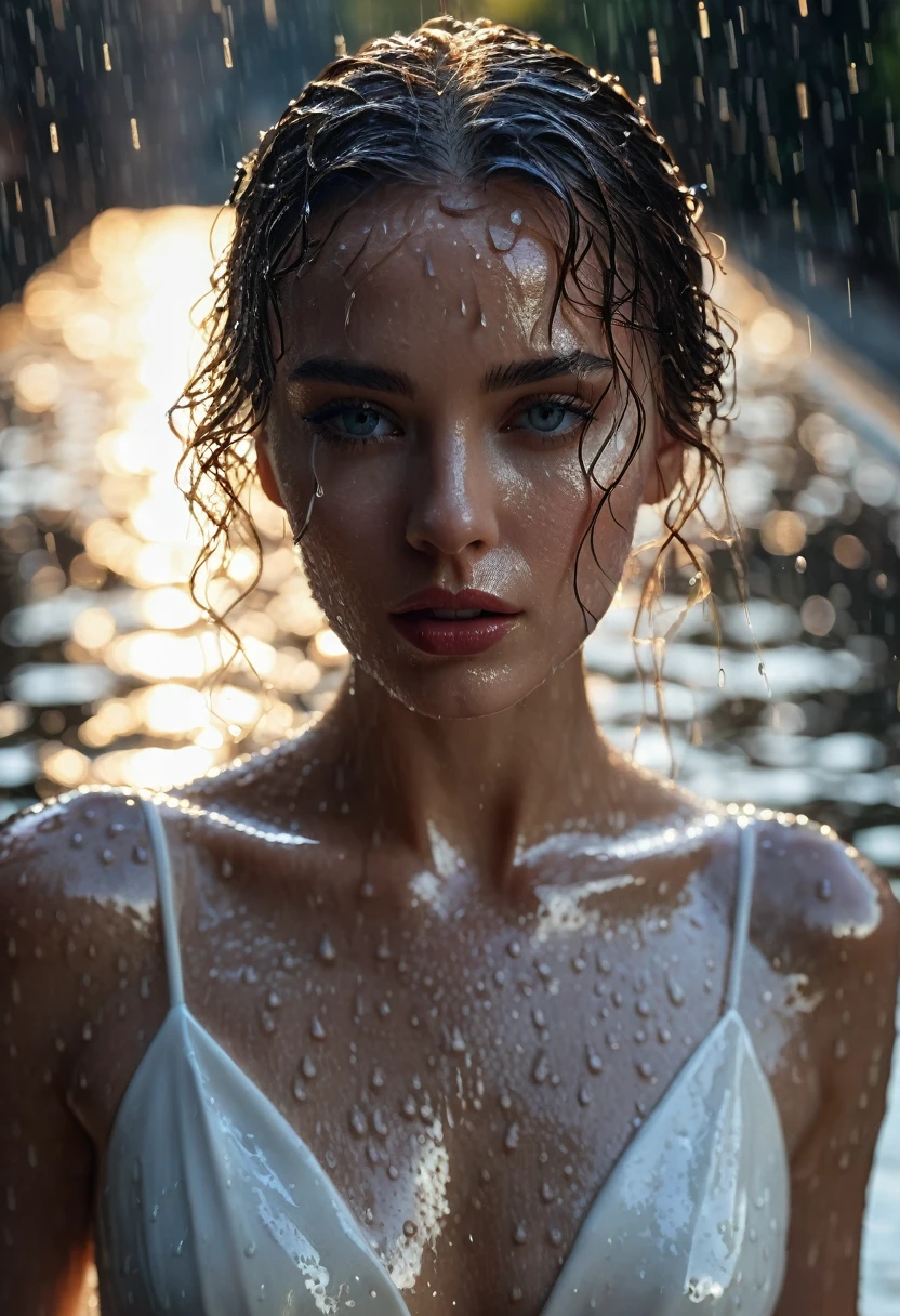 woman stands outside in the rain, shimmering skin, finest luxury, reflecting rain light on her, (she's soaking wet from the pouring rain, standing outside in open next to street light)), most beautiful woman on earth, (her hair is (dripping wet:1.2), she glistens with natural light glow, radiant skin) , long wet hair, (her summer dress soaked), a stunning American woman, Her skin is wet,, she smiles, outside, (relaxed , happy and refreshed)), (hyper-detailed wet dress, fabric, (rain drops visible in air, backlit)), (highest quality fabric texture), lush wet clothes with accent highlights, film quality, rain drops in air, splashing behind, puddles(ultra-realistic , rainy sky, atmosphere ,soft accent light, gorgeous Rembrandt style lighting, (Rembrandt patch)), (highest quality wet fabric texture), matte dress fabrics, Her wet drenched hair, ultra-realistic, adorned with long lashes, the color of fireflies, a world of passion. Finely detailed,(Fine-grained), (highest detail skin texture peach-fuzz earlobe realistic, water droplets) ○○ res – ultra high high resolution , very high texture (water highlights resolution), Photorealistic hands and fingers – (photorealistic beautiful 4k) , 8K,extreme detail, close and intimate, she looks to camera, teasing, Her perfectly sculpted lips, lifelike, highly real natural lips. she is a, Vermeer, a work of art, enticing. indulge in desire.solo woman, (highest quality fabric texture), light hair, every detail,Fine facial features, Masterpiece – Masterpiece ○○ quality – (Highest Quality) ,Leica film, High quality ○○ detailed – ○○ details ultra detailed(Ultra-fine ), Photorealistic, Extremely detailed(Extremely detailed) , Finely detailed, (highest detail water drops realistic)○○ res – ○○ resolution ultra high res(A high resolution)