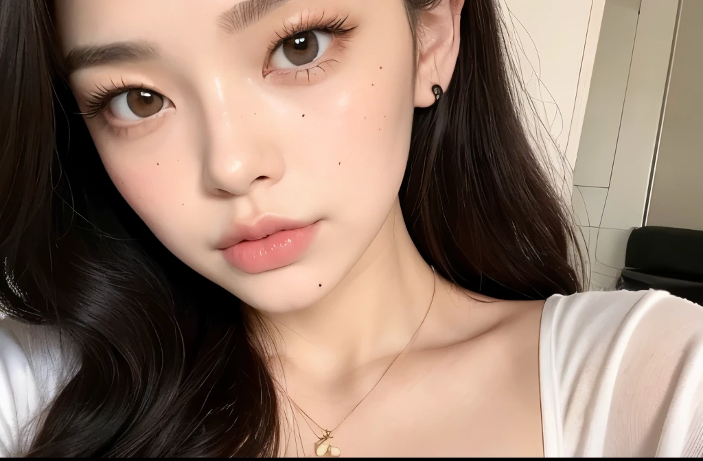 Kim Jennie with black hair, with curls, Brown eyes, beautiful eyes, he, pretty lips, pink lips, heart and cupid shaped lips, nice skin, pale white skin, with moles and freckles all over his face, soft pink blush on cheeks, douyin makeup, popular korean makeup, with a necklace, while wearing a white shirt, with summer shorts, thin abdomen, (big breasts, deep neckline), VHS style photo, photo vintage, autophoto, looking to the camera