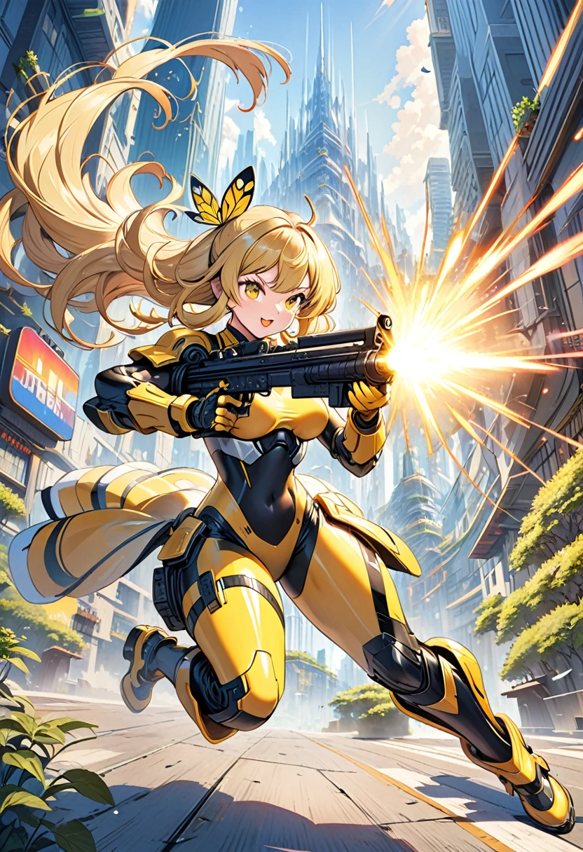 a beautiful kemono bee woman with long blonde hair, wearing stylish high-tech armor in shades of yellow and black, a detailed bodysuit, firing two machine guns, joyful expression, intricate futuristic background, dynamic composition, cinematic lighting, vibrant colors, highly detailed, 8k, concept art style
