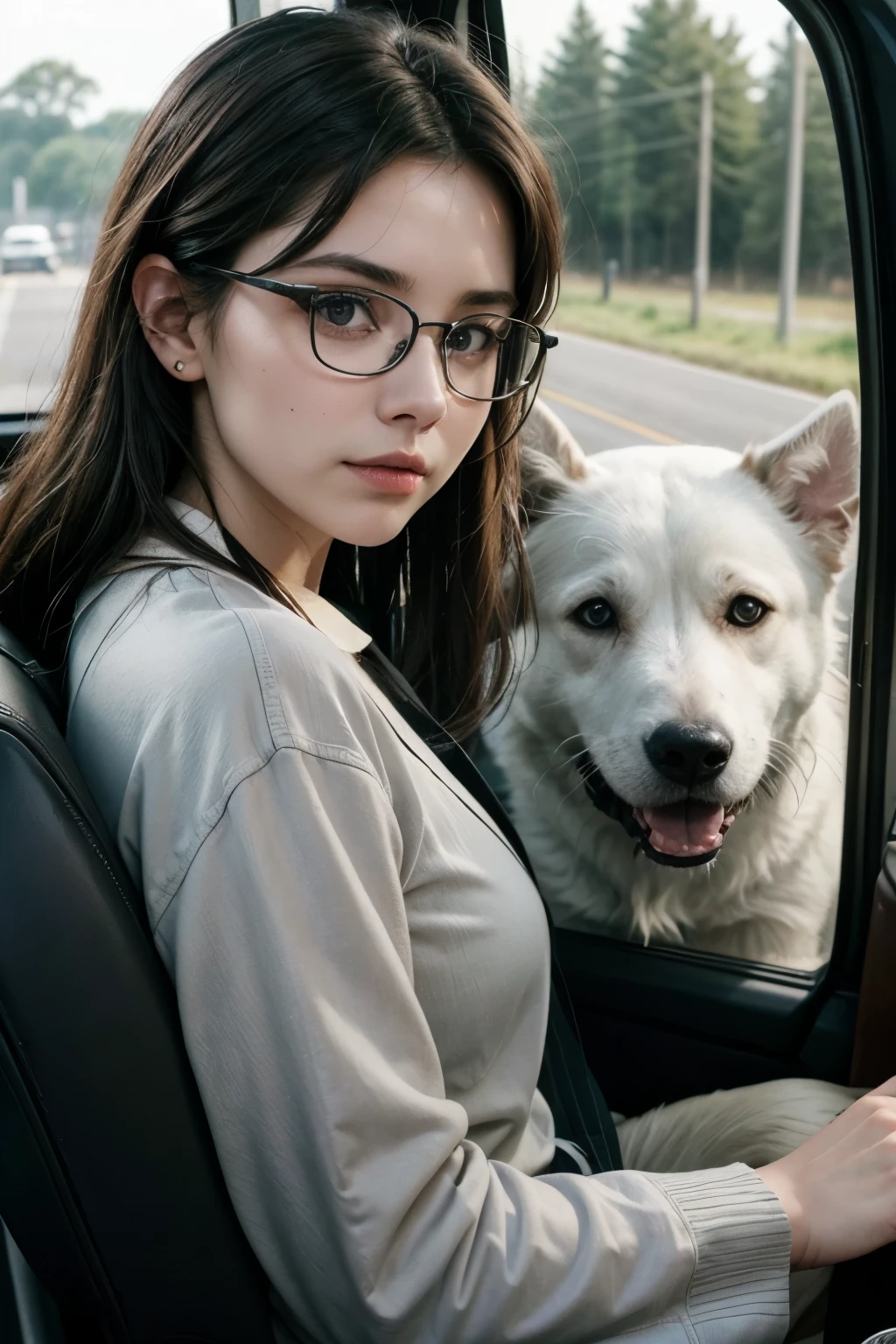 Automatic 4x4 tracker truck model 1999 gray color, on the road, You can see the driver, a very beautiful brunette teacher with glasses, and in the passenger window appears a white dog with black spots in her eyes like a mask., a black and white ear