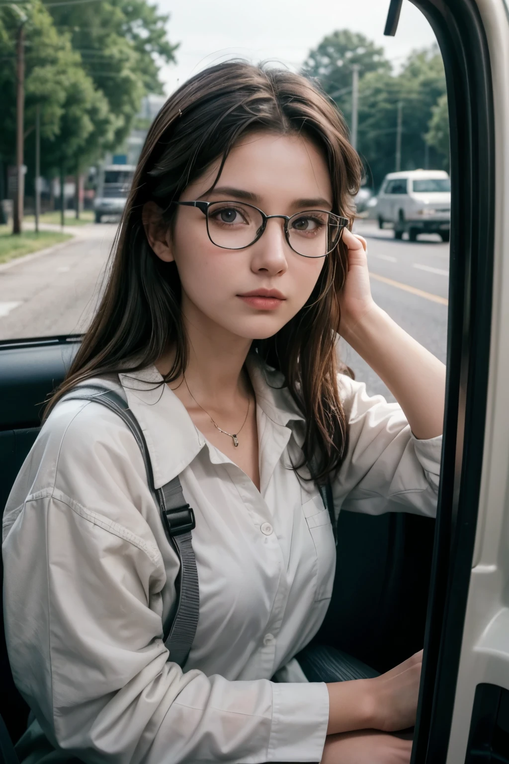 Automatic 4x4 tracker truck model 1999 gray color, on the road, You can see the driver, a very beautiful brunette teacher with glasses, and in the passenger window appears a white dog with black spots in her eyes like a mask., a black and white ear