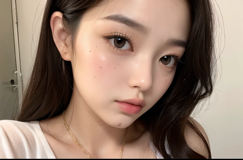 Kim Jennie with black hair, with curls, Brown eyes, beautiful eyes, he, pretty lips, pink lips, heart and cupid shaped lips, nice skin, pale white skin, with moles and freckles all over his face, soft pink blush on cheeks, douyin makeup, popular korean makeup, with a necklace, while wearing a white shirt, with summer shorts, thin abdomen, (big breasts, deep neckline), VHS style photo, photo vintage, autophoto, looking to the camera