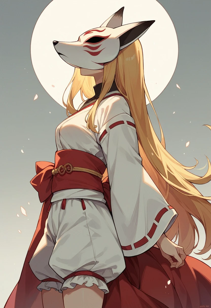 One girl, alone, Long Hair, Golden Hair, Are standing, kitsune mask, Covered face, indoor, Bloomers, Shoulder sash, From the side, Tilt your head,