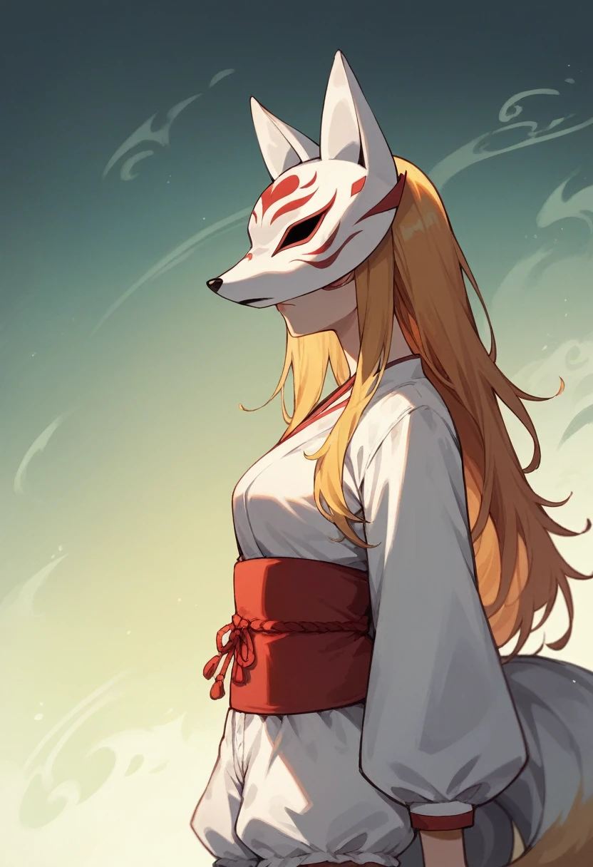 One girl, alone, Long Hair, Golden Hair, Are standing, kitsune mask, Covered face, indoor, Bloomers, Shoulder sash, From the side, Tilt your head,