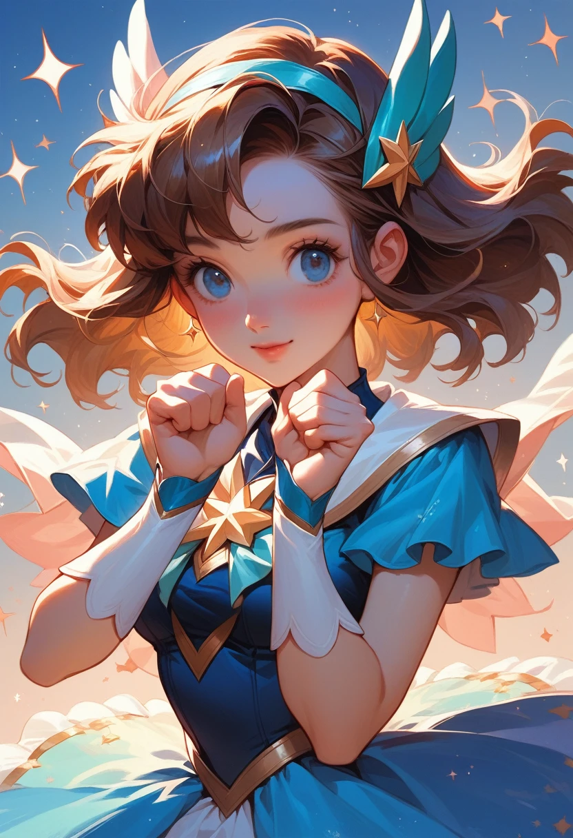 anime girl with long and brown hair and blue eyes wearing a blue dress, anime waifu in a nice dress, portrait of magical girl, sparkling magical girl, beautiful celestial mage, anime visual of a beautifull women, pretty anime girl, anime woman, in dress, beautiful anime woman, full boby, cute pose she has to be an adult