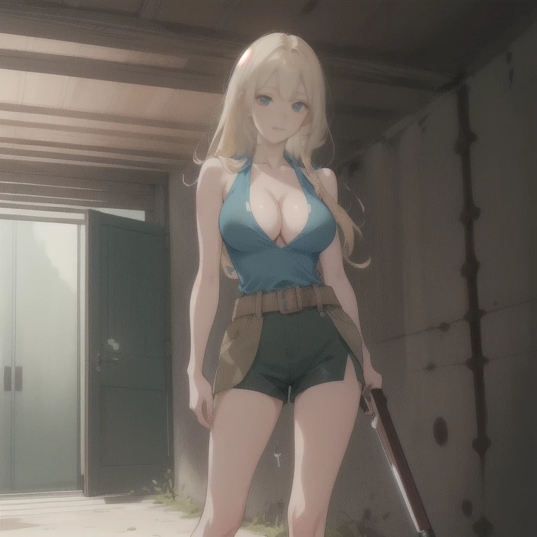 Anime Kawaii sexy Perfect Slim sensual body large breast and huge thighs, An intricate and highly detailed illustration of anime (Young girl). ultra high resolution, work of art, 1 girl, standing alone, Irina JelaviÄ‡R4, blonde body hair, blue colored eyes, :d, expressive eyes, face perfect, large breasted, large breasted, small waist, perfect figure, highy detailed, showing cleavage, dressed like lara croft, full - length portrait, shorts marrons, coldre de arma de cinto, Petrol-blue spandex top, brown hiking boots, shorts marrons, dark shorts marrons, short shorts, teal-green top, exposed middle section, far away_body hair, へそ, avo_gura, holding aiming two pistols with both hands, pointing weapons at the spectator, ssmile, standing alone, (fund: Inside the house, concrete corridors, inside a bunker, pipes nearby)
