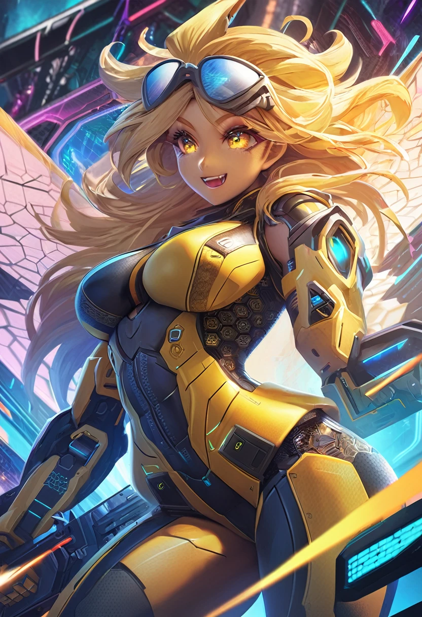a beautiful (((kemono bee))) goddess with long blonde hair, wearing stylish high-tech armor in shades of yellow and black, a detailed bodysuit, (((firing machine guns))), joyful expression, intricate futuristic background, hourglass body, dynamic composition, cinematic lighting, vibrant colors, highly detailed, 8k, concept art style
