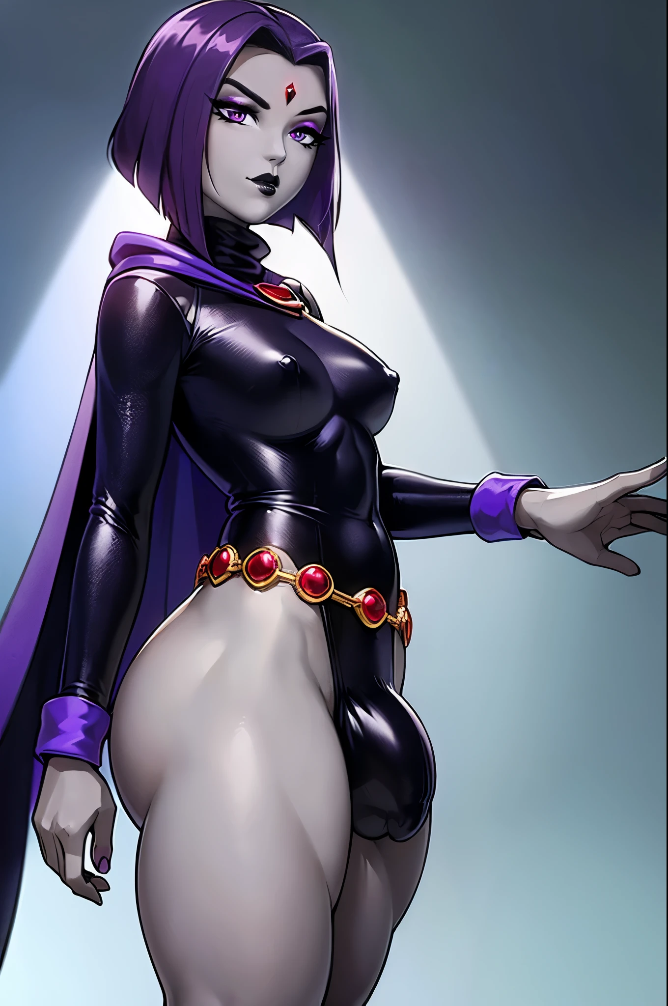 (solo:1.1),(masterpiece), (best quality:1.3), ultra detailed, intricate, professional art, digital art, absurdres, shadraven, (Full body view:1.1), 1girl, solo, (grey skin:1.4), dark purple hair, bob hair, dark purple eyes, hips wider than shoulders, pear shaped body, jewellery, detailed thighs, (thick thighs:1.3), red jewel in forehead, jewels, (long sleeved turtleneck leotard:1.4), (Red jewel Belt), (red jewel brooch), cuffs, small breasts, nipple bulge, (raven long dark purple cloak), (Shadraven brooch:1.2), Shadraven jewel belt, Shadraven wearing a long sleeved leotard, long legs, ( long crotch bulge:1.4), large penis, large testicles, side view, looking at viewer, bubble butt , gluteal crease, universal lighting,
