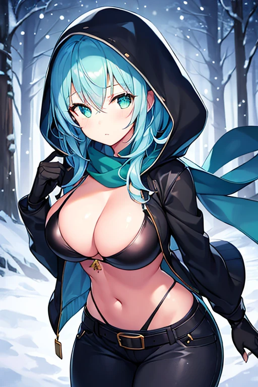 1girl, blue hair, medium hair, large breasts, breasts, green eyes, scarf, covered mouth, jacket, forest, snow, black jacket, hoddie, hooded jacket, hood on, hood up, zipper, gloves, glowing hair, glowing eyes, light blue hair, sky blue hair, night sky, sky, stars, pants, tall, hourglass figure, mature female, thick thighs, pants, belt, long pants, bikini, cleavage