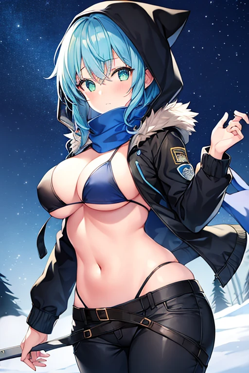 1girl, blue hair, medium hair, large breasts, breasts, green eyes, scarf, covered mouth, jacket, forest, snow, black jacket, hoddie, hooded jacket, hood on, hood up, zipper, gloves, glowing hair, glowing eyes, light blue hair, sky blue hair, night sky, sky, stars, pants, tall, hourglass figure, mature female, thick thighs, pants, belt, long pants, bikini, cleavage