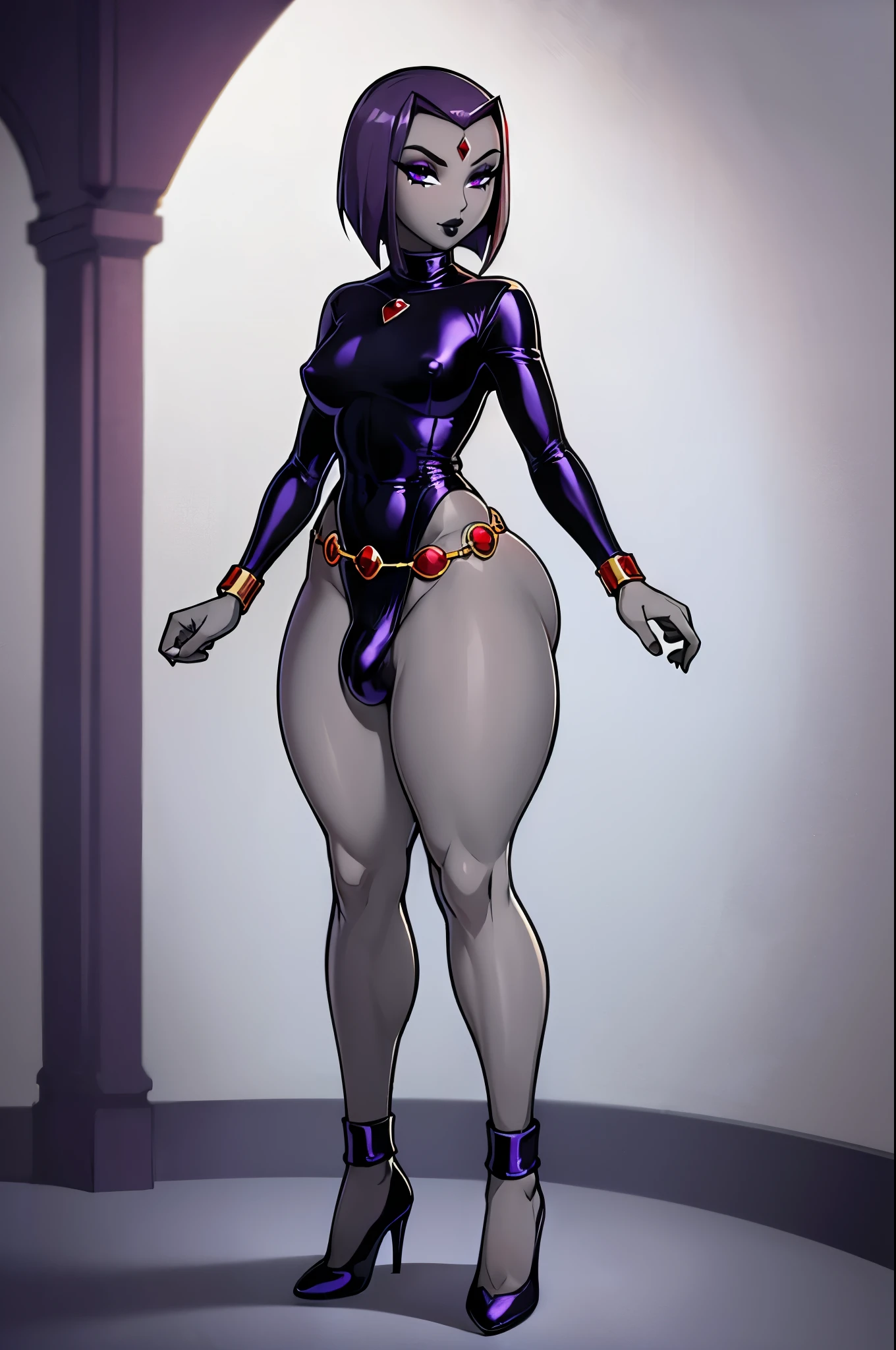 (solo:1.1),(masterpiece), (best quality:1.3), ultra detailed, intricate, professional art, digital art, absurdres, shadraven, (Full body view:1.1), 1girl, solo, (grey skin:1.4), dark purple hair, bob hair, dark purple eyes, hips wider than shoulders, pear shaped body, jewellery, detailed thighs, (thick thighs:1.3), red jewel in forehead, jewels, (long sleeved turtleneck leotard:1.4), (Red jewel Belt), (red jewel brooch), cuffs, small breasts, nipple bulge, (raven long dark purple cloak), (Shadraven brooch:1.2), Shadraven jewel belt, Shadraven wearing a long sleeved leotard, long legs, ( long crotch bulge:1.4), large penis, large testicles, side view, looking at viewer, bubble butt , gluteal crease, universal lighting,