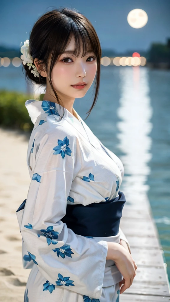 (Highest quality,masterpiece:1.3,Ultra-high resolution),((She was wearing a white yukata with blue floral print.))、(Very detailed,Caustics,8k),(Realistic:1.4,RAW shooting),(night),(night空),((Starry Sky)),((full moon)),(Beach),(full moonを見上げる女の子1人),Are standing,20-year-old,cute,Japanese,Long black hair,Strong winds,(Hair blowing in the wind),(Big Breasts),Natural light,moonlight,(Side Shot),(Bust up shot),(Low position),(Low Angle)
