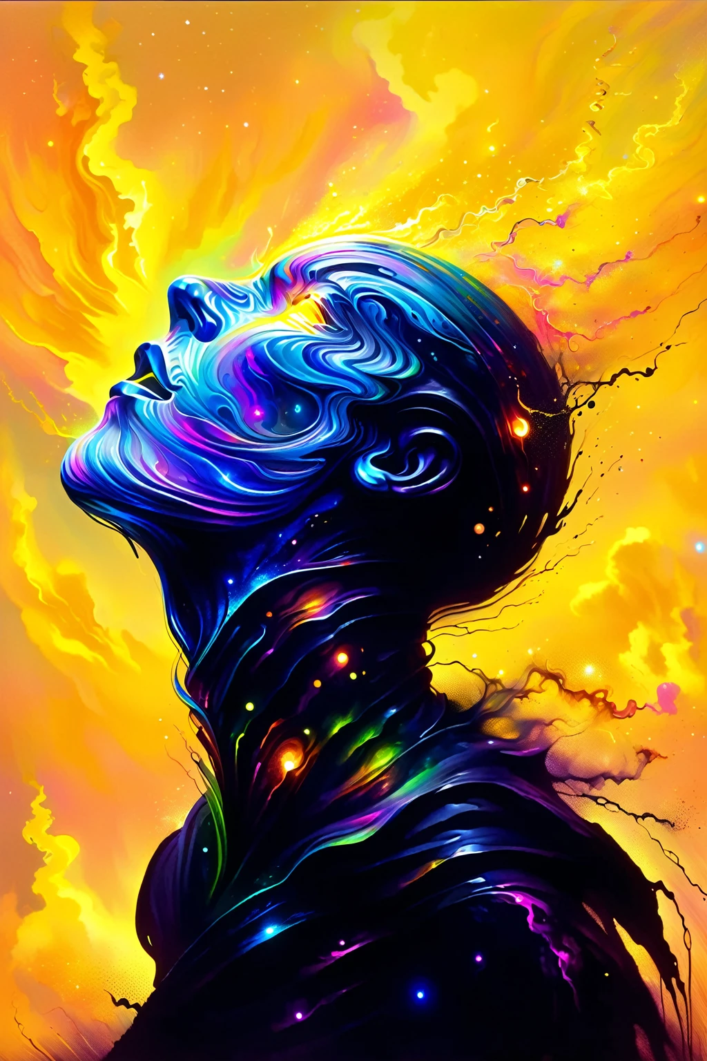 In a mesmerizing oil painting, a mysterious figure emerges from a haze of swirling colors. Their retro attire shines with metallic accents, while vibrant neon lights illuminate their expressionless face. The composition exudes nostalgia and intrigue, leaving viewers longing for a forgotten era. the gardens of sound made out of ral-hlgrphic,( hyperrealistic art breathtaking a lineart (vibrant alcohol ink sketch). [magnificent faetastic , , intriguing weirdness, color schemes extravaganza, mystery of darkness, unusual natural aesthetics, glossy].
